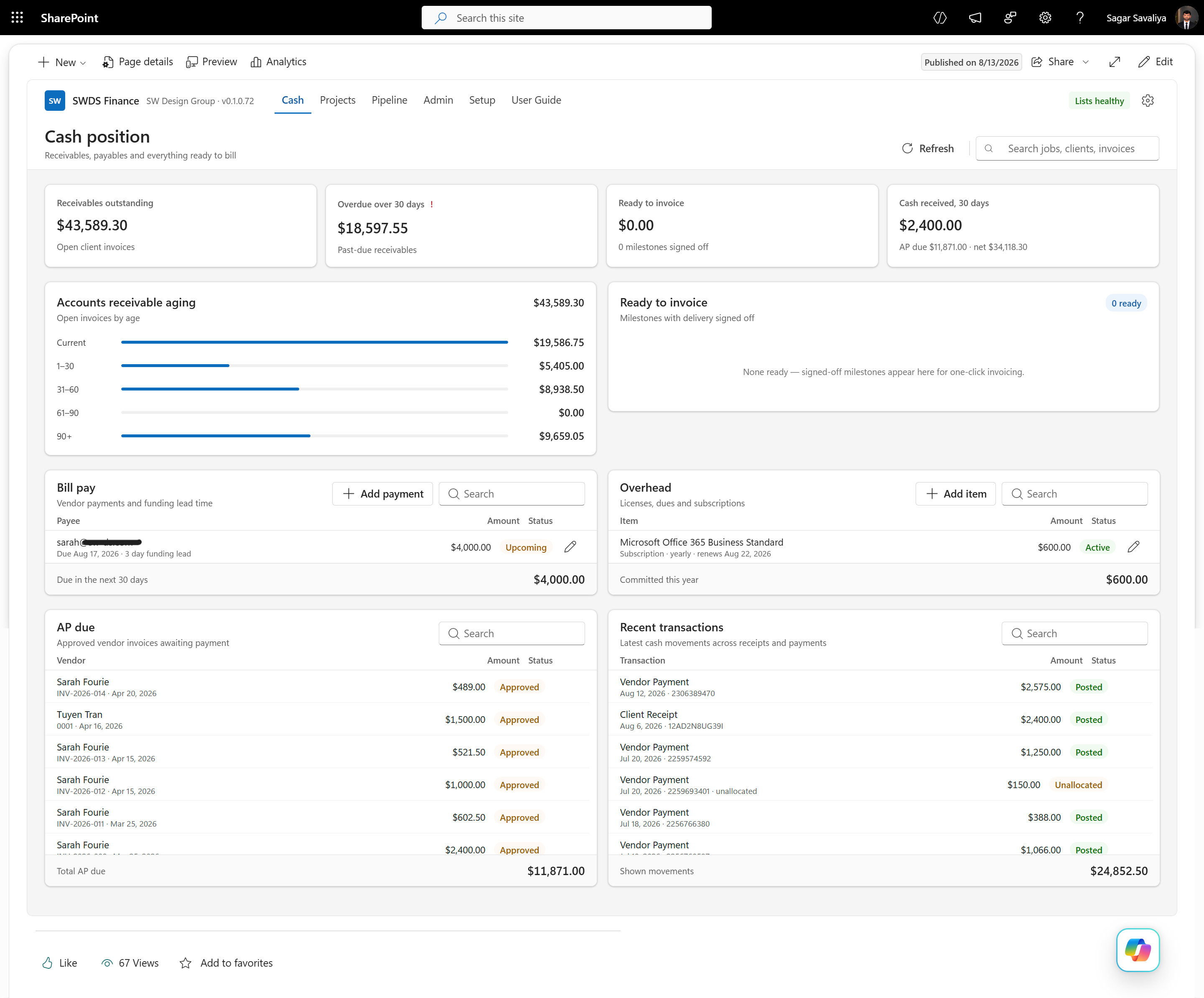 SW-DS finance cash flow dashboard